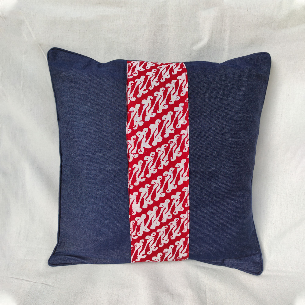 Denim with Red Batik Stripe Cushion Cover